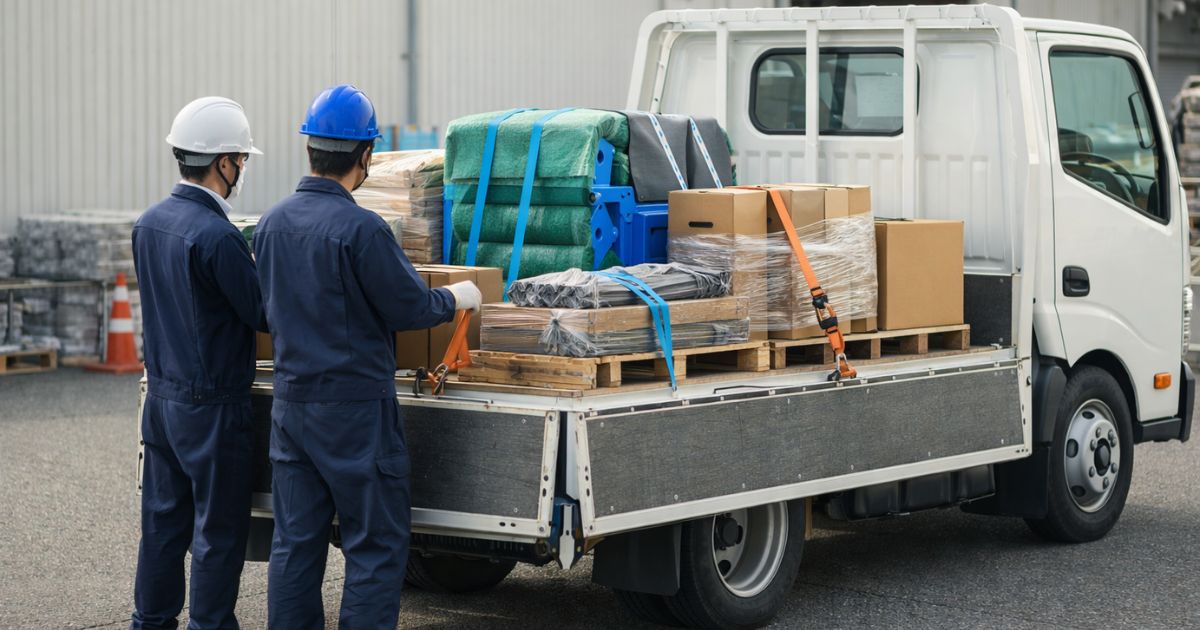 4tトラックへの積み込み前に固定と片寄りを確認している現場イメージ