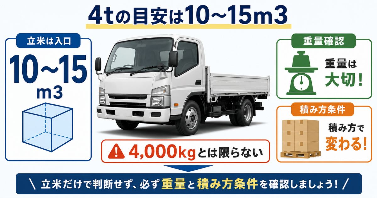 4tトラックの積載量m3は10〜15m3前後を目安にしつつ重量と積み方条件で判断することを示す結論図解