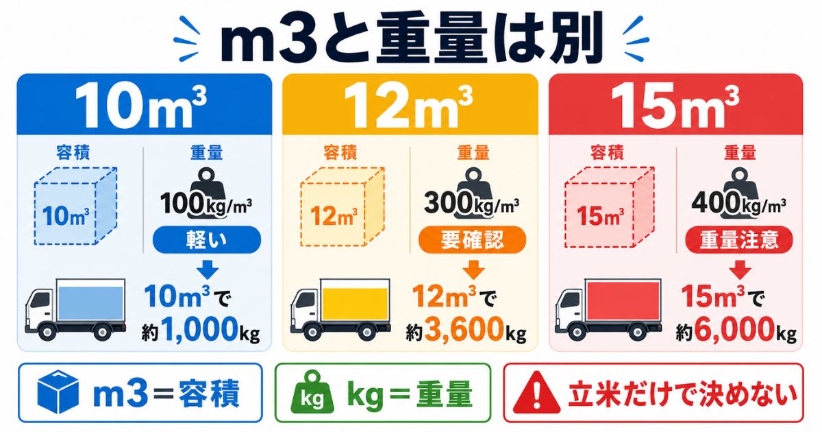 4tトラックでm3と重量が別軸であり立米だけで判断しないことを示す数値比較図解
