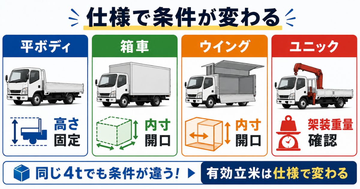 4tトラックの平ボディ箱車ウイングユニックで有効立米や確認ポイントが変わることを示す比較図解