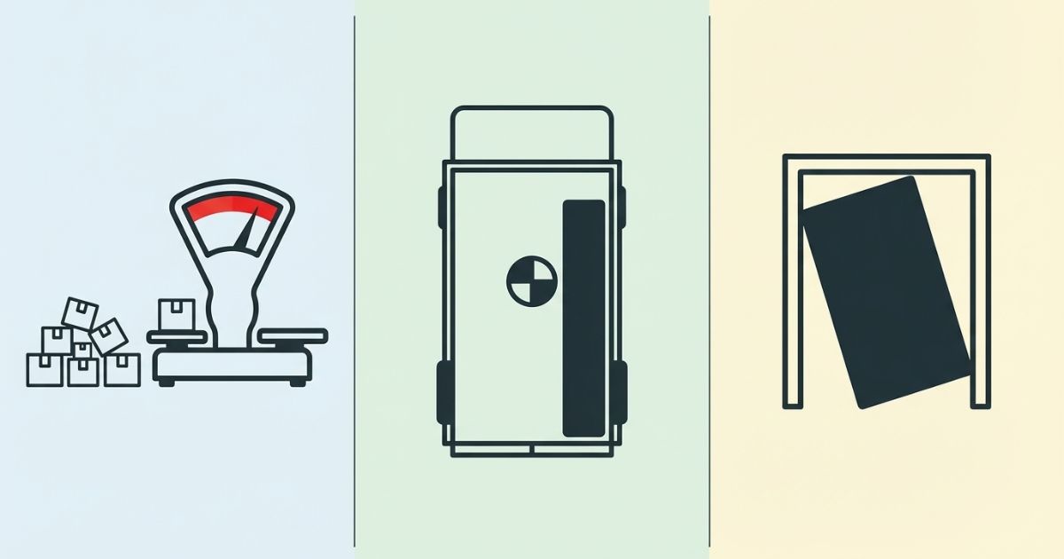 立米が足りても成立しない原因（重量オーバー・片寄り・箱車で入らない）を示す図解