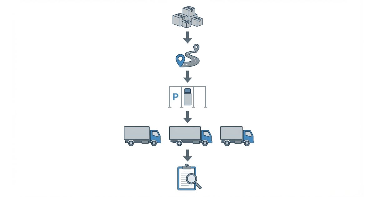 4tトラック手配で荷物→ルート→現場→車型→車両情報の順に照合する流れを表した図解