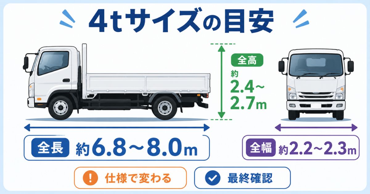 4tトラックの全長全幅全高の目安を標準ボディの数値で整理した図解