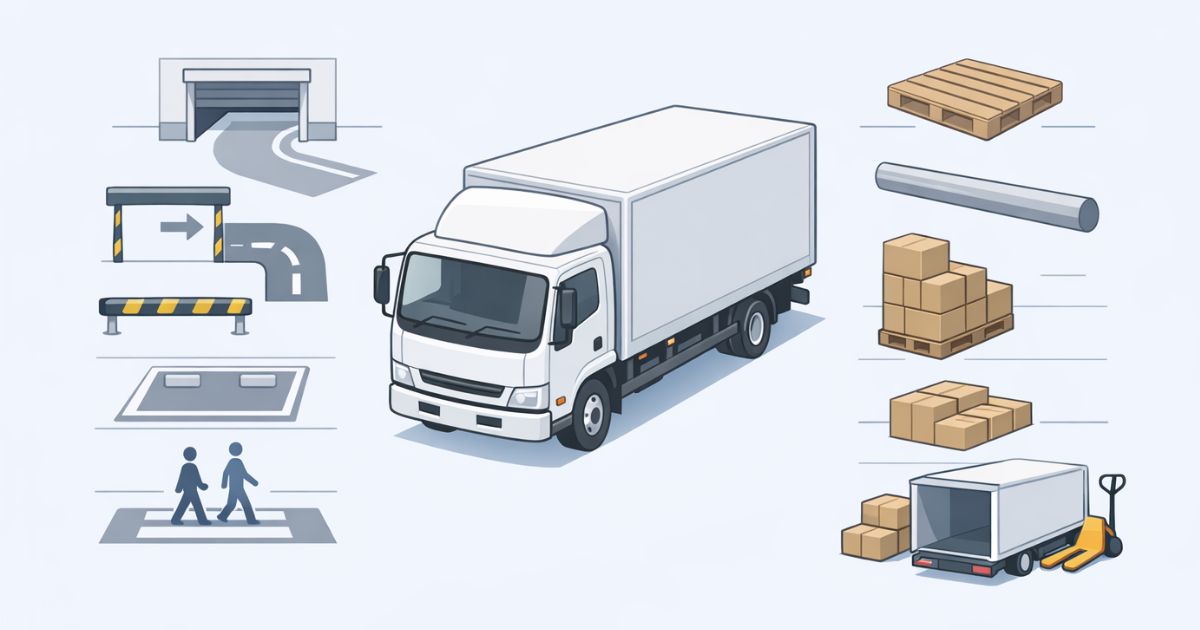 4tトラックで外形寸法と荷台内寸を分けて確認する判断軸の図解
