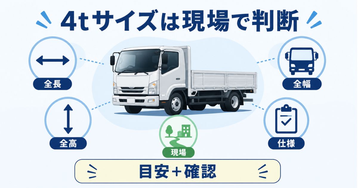 4tトラックの全長全幅全高を現場条件と照合して判断する結論型アイキャッチ図解
