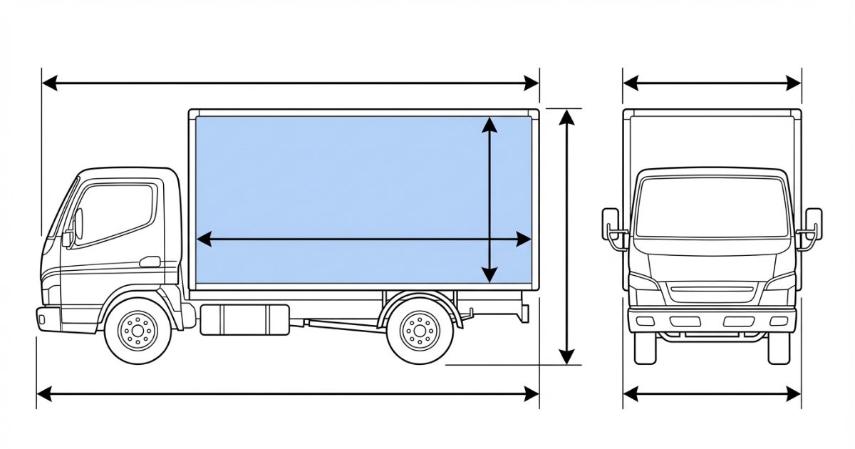 4tトラックの外形（全長・全幅・全高）と荷台内寸を切り分けて確認するポイントを示す図解