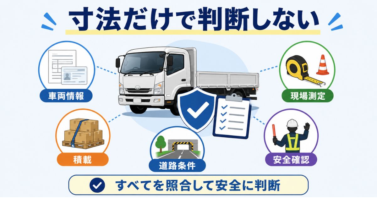 4tトラックのサイズ判断で車両情報や現場測定など安全確認が必要なことを示す図解