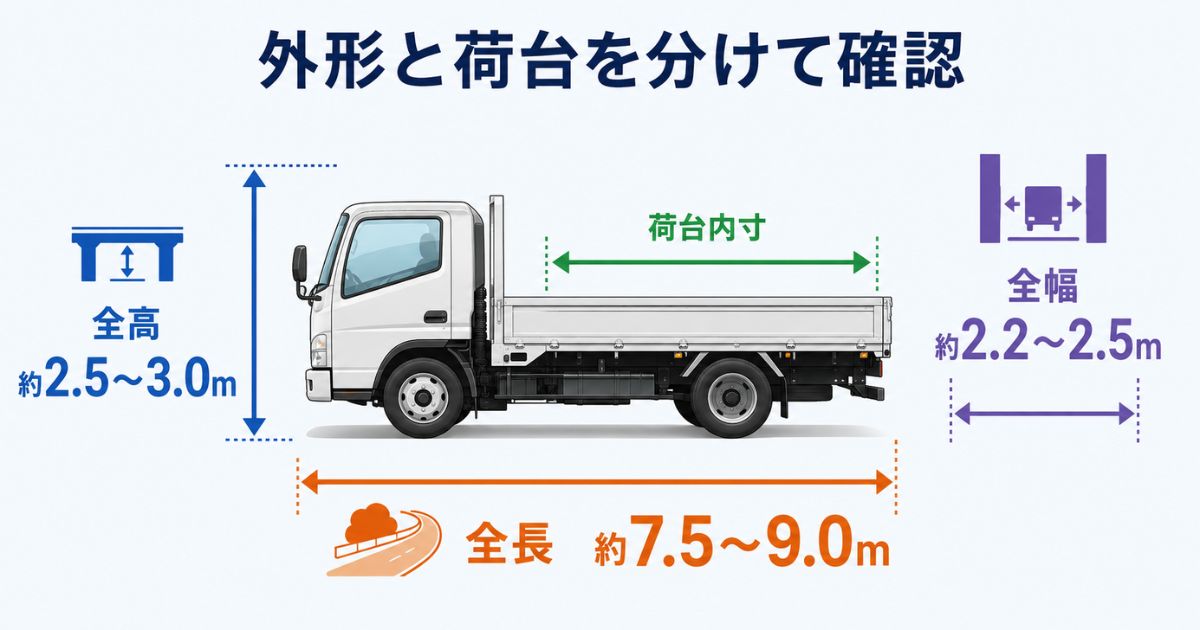 4tトラックの全長・全幅・全高・荷台内寸を分けて確認する数値目安の図解