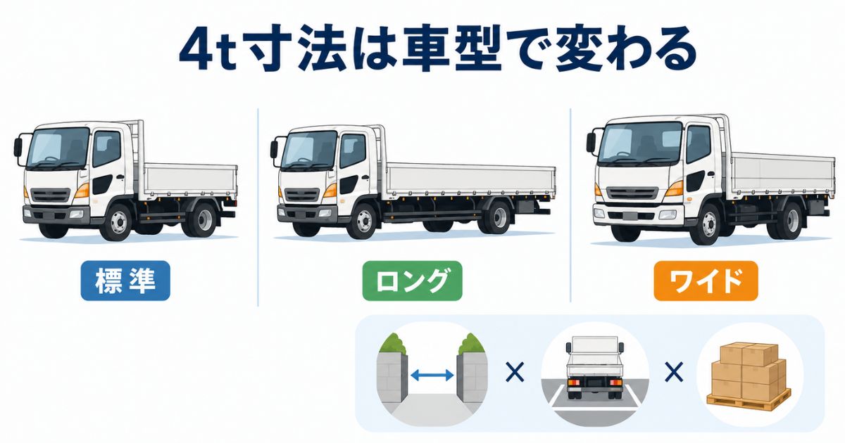 4tトラックの標準・ロング・ワイドで寸法が変わることを示すアイキャッチ図解