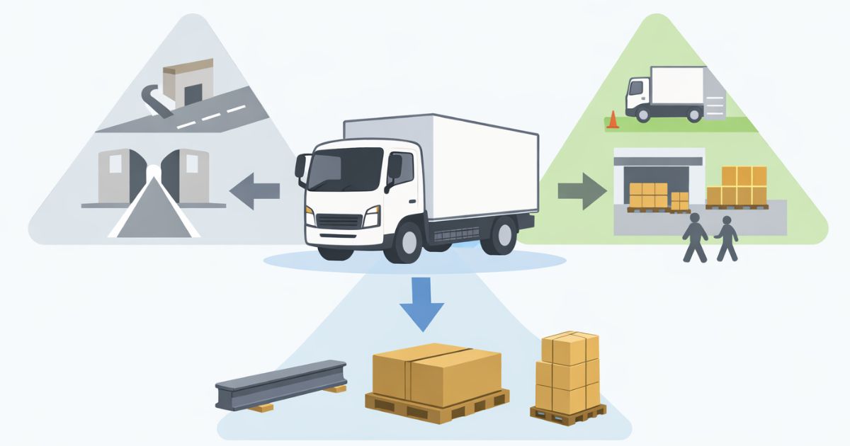 4tトラック選定で進入・停車・荷姿の3条件を照合する判断軸の図解