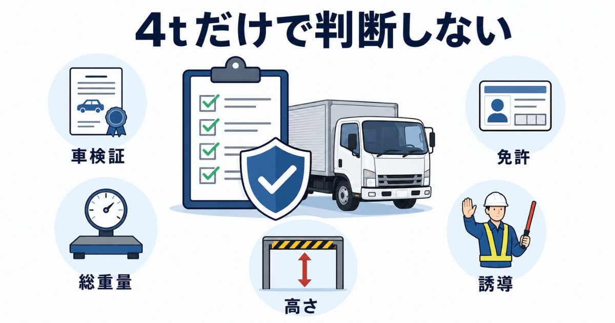 4tトラックの車検証・総重量・免許条件・高さ制限・誘導を確認する安全確認図解