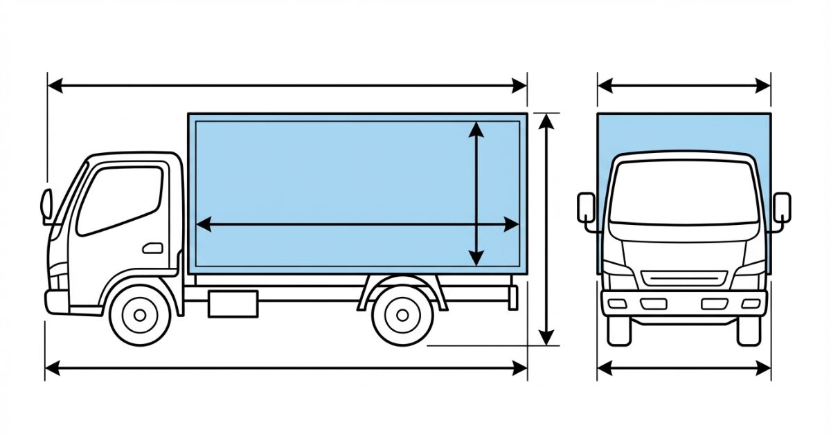 4tトラックの寸法図で外形（全長・全幅・全高）と荷台内寸を見分けるポイントを示すイメージ