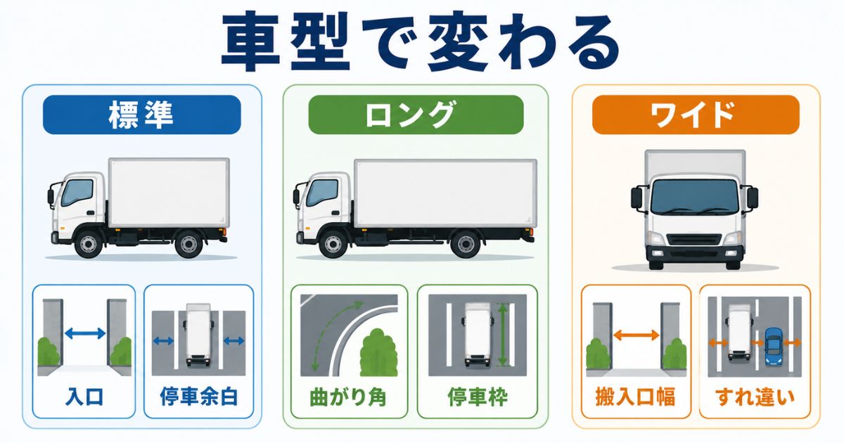 4tトラックの標準とロングとワイドで寸法図上の注意点が変わることを比較する図解