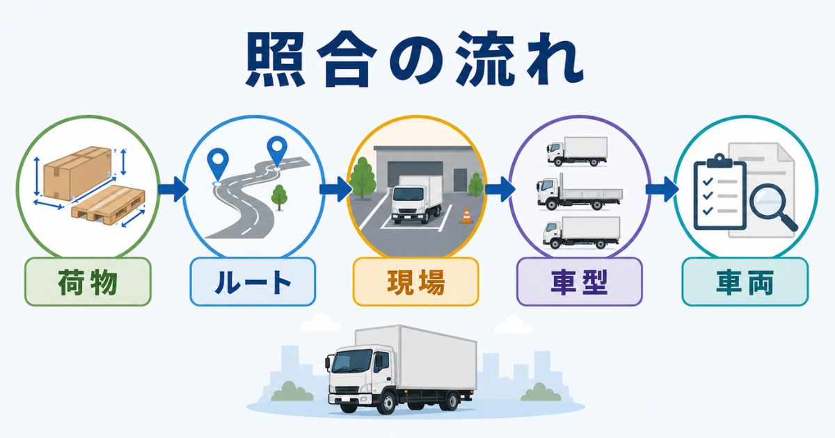 4tトラックの寸法図を使って荷物からルート現場車型車両情報へ照合する流れを示す図解