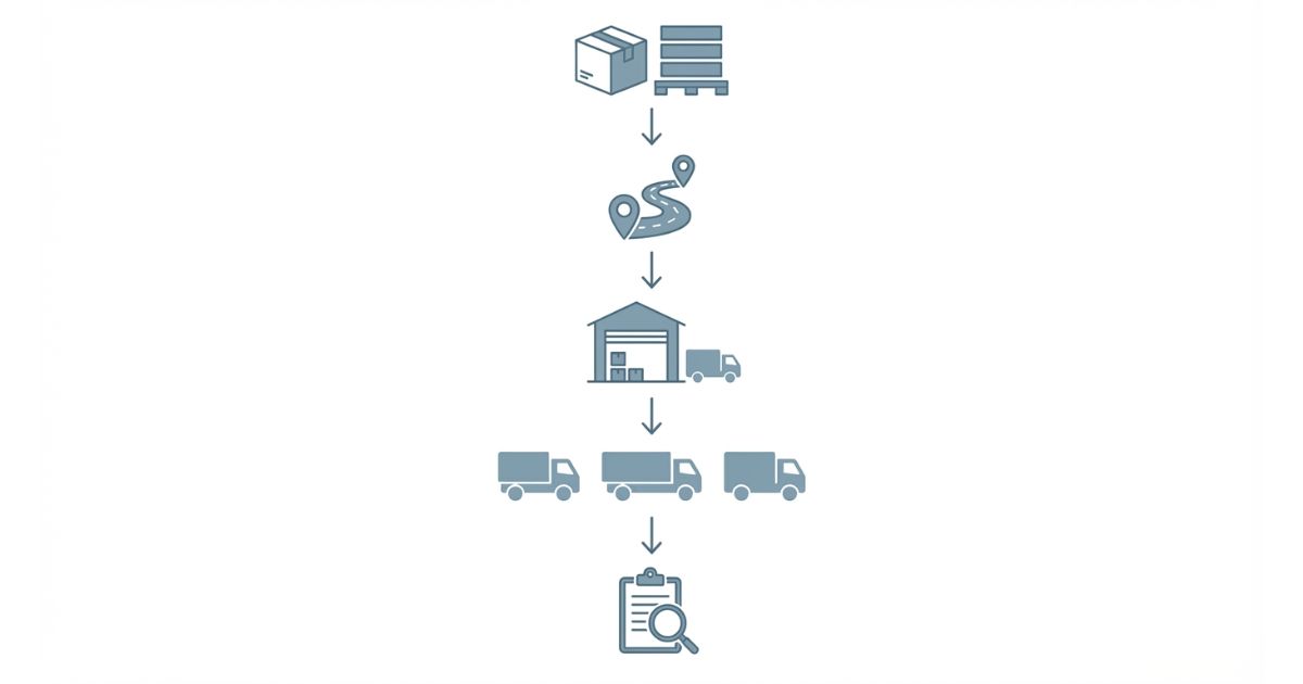 4tトラック手配で荷物→ルート→現場→車型→車両情報の順に照合する流れを表したイメージ