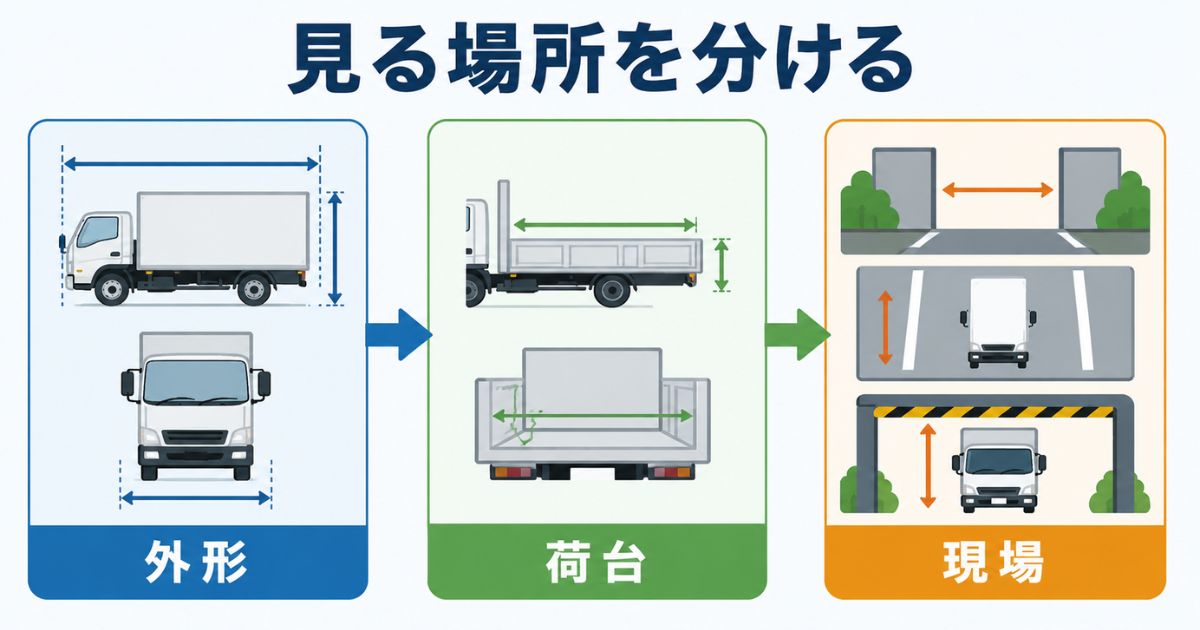 4tトラックの寸法図で外形寸法と荷台内寸と現場条件を分けて確認する図解