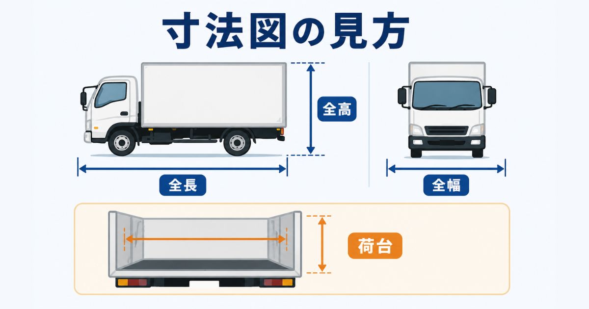 4tトラックの寸法図で全長と全幅と全高と荷台寸法を見るポイントを示す図解