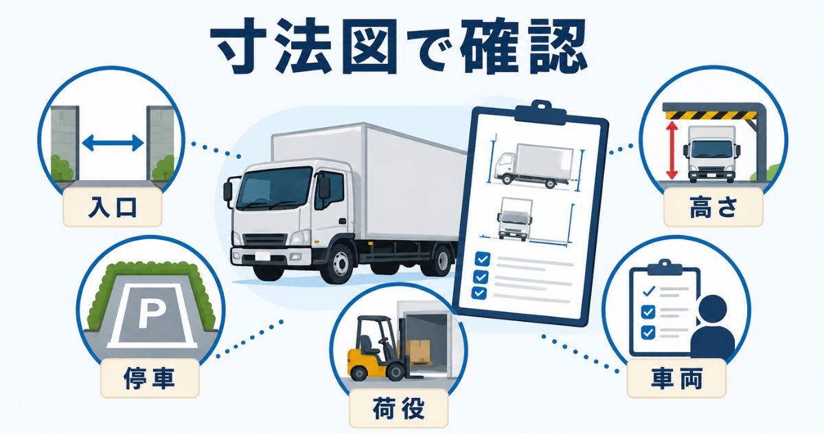 4tトラックの寸法図で入口や停車位置や荷役スペースを確認するアイキャッチ図解