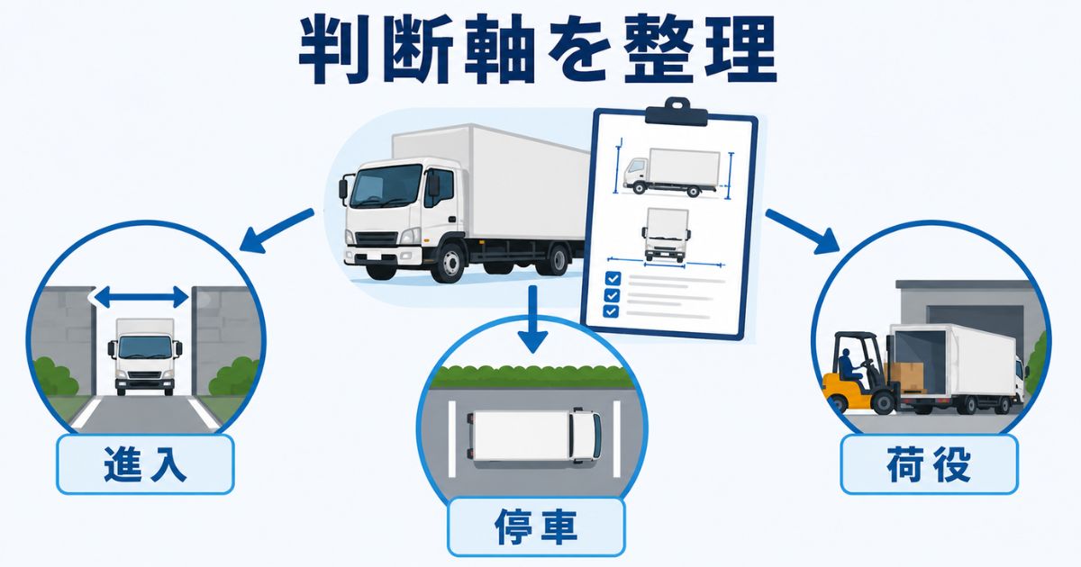 4tトラックの寸法図を進入と停車と荷役の判断軸に分けて整理する図解