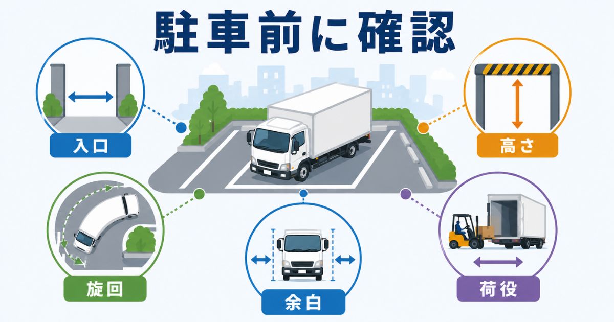 4tトラックの駐車前に入口や旋回や高さや余白や荷役動線を確認する図解