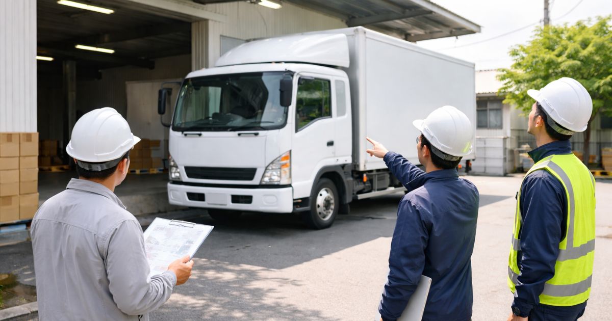 4tトラックの停車位置や荷役スペースを現場で確認している様子