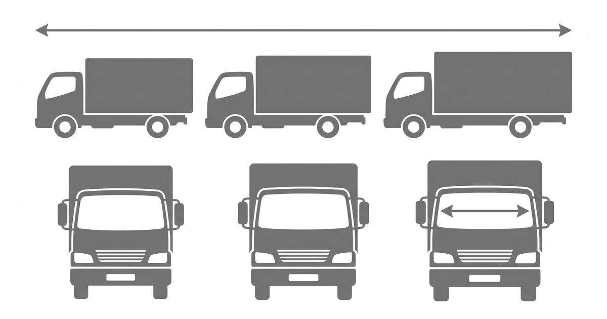 4tトラックの標準・ロング・ワイドの違いを長さと幅の観点で比較したイメージ