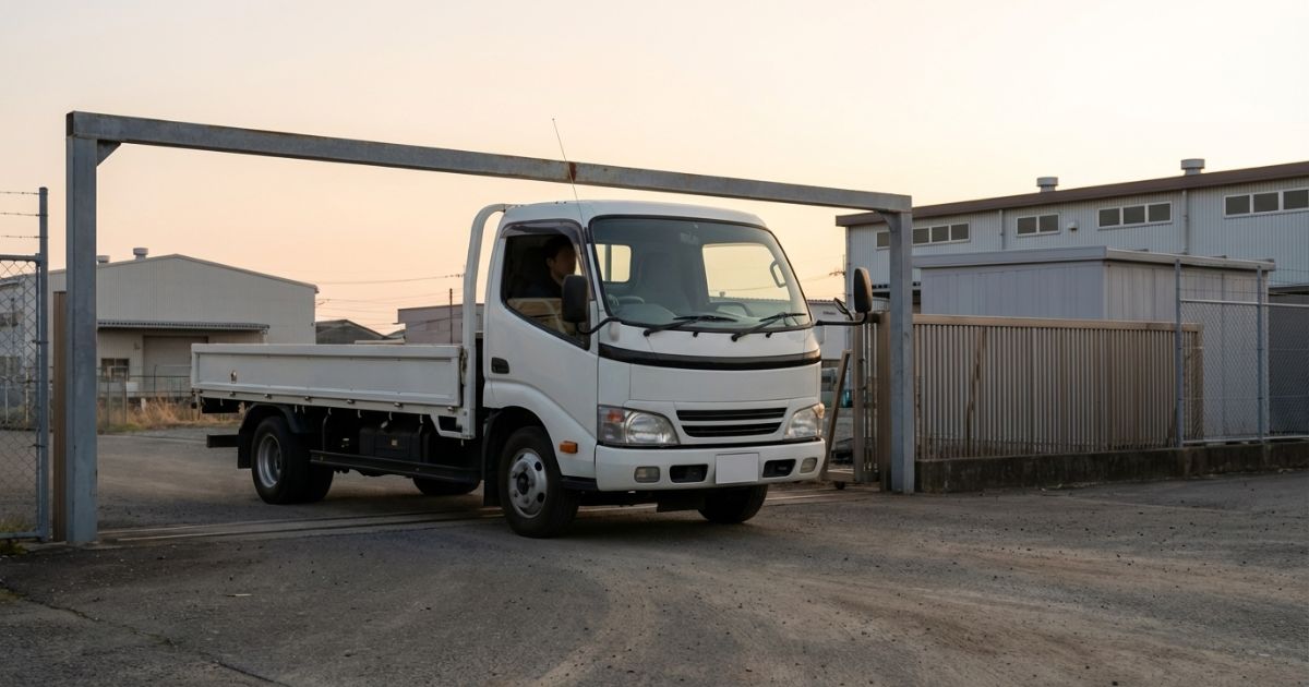 4tトラックが高さ制限のある現場入口で全高とクリアランスを確認して進入するイメージ