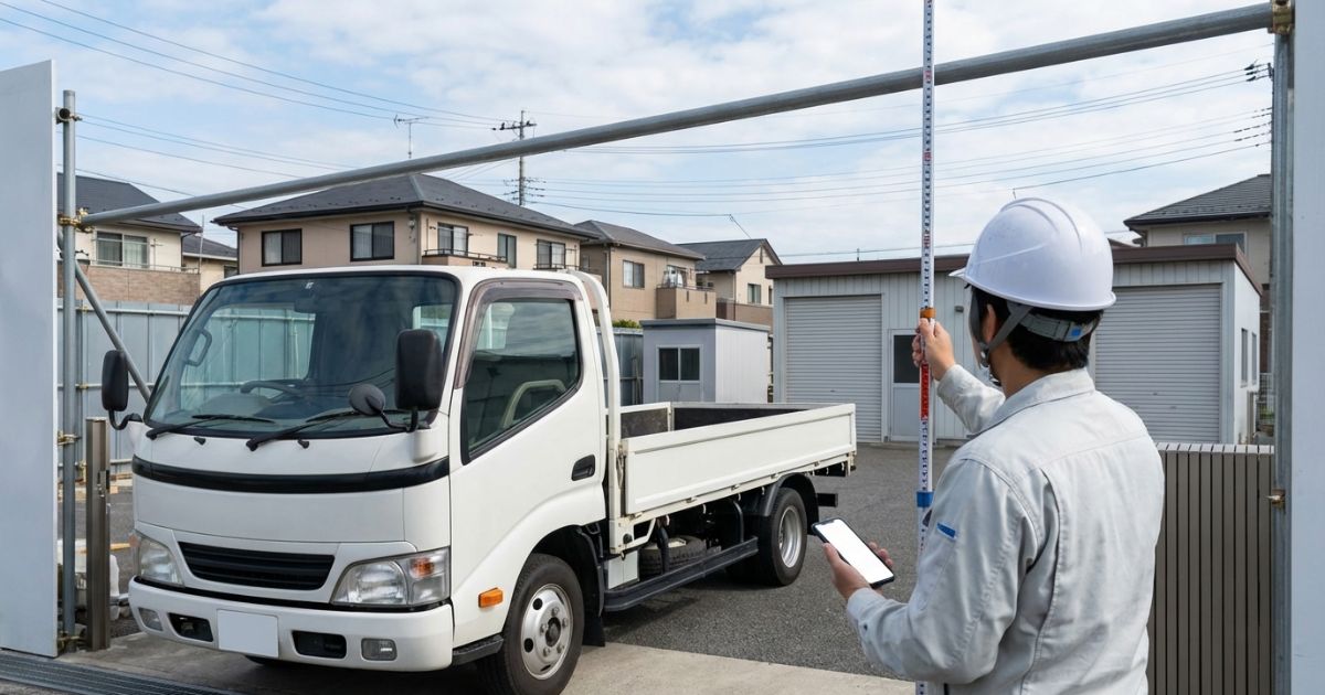 高さ制限に引っかからないために門型ゲートや高架下の制限高を事前に実測して確認するイメージ