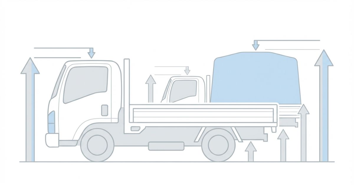 4tトラックの全高をどこで測るかと装備・積載物で高さが変わるポイントを示した図解