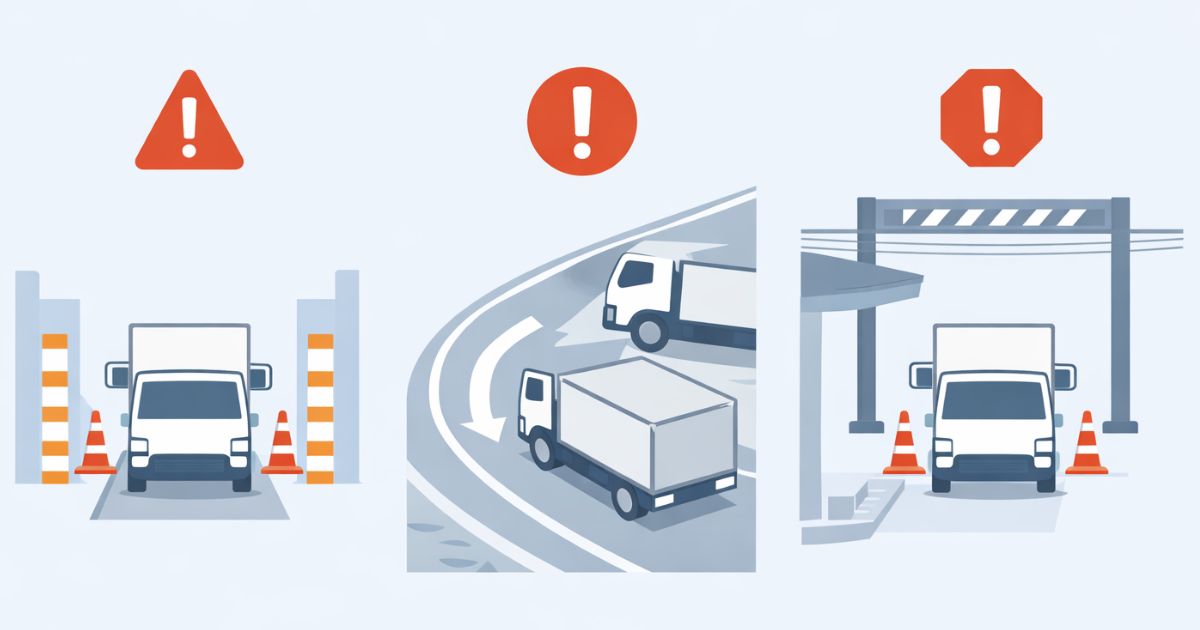 4tトラックの進入判断で見落としやすいリスクを示した図解