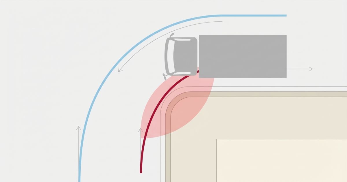 前輪と後輪の通過ラインの差で内輪差が起きる関係を示す文字なし図解