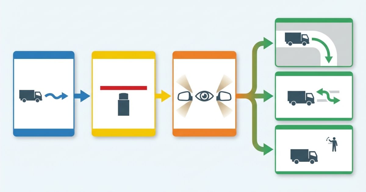 減速→停止→確認→大回りや切り返しや誘導の判断手順を示す文字なし図解