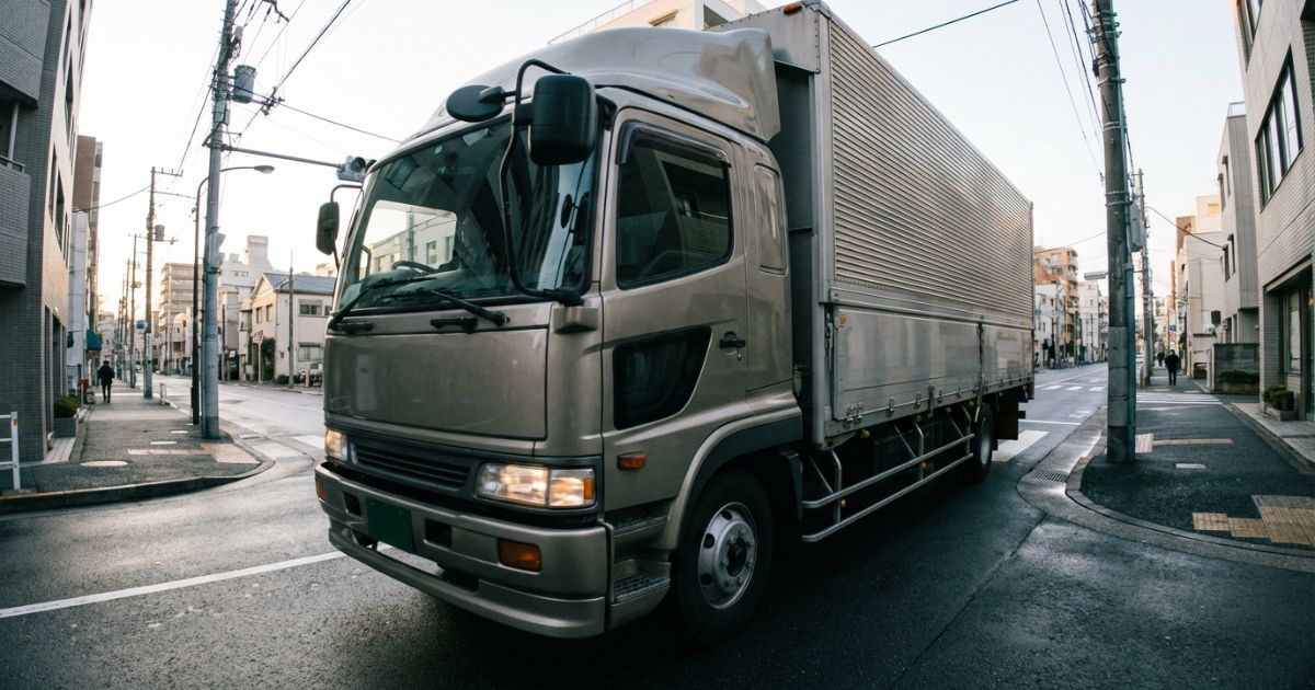 4tトラックを交差点付近で慎重に走行している写真風イメージ