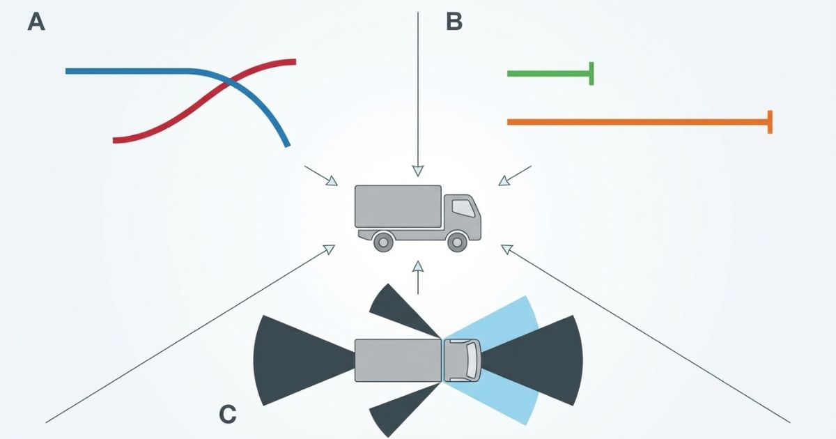 4tトラック運転で起きやすい曲がり方・止まり方・見え方のズレを示す文字なし図解