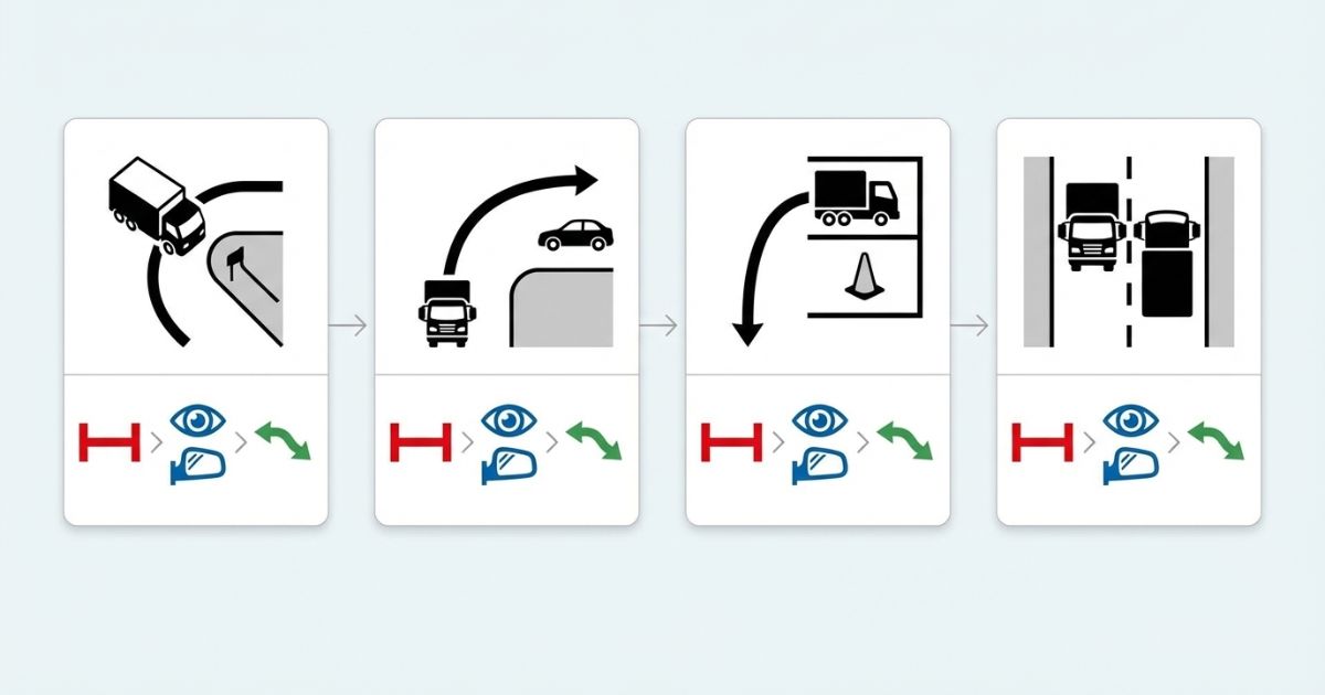 左折・右折・バック・狭路での停止→確認→徐行の手順を示す文字なし図解