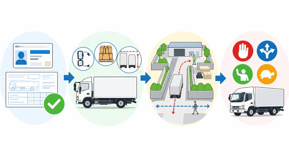 4tトラック運転前に確認すべき免許・車両・現場条件・最終判断の流れを示す図解