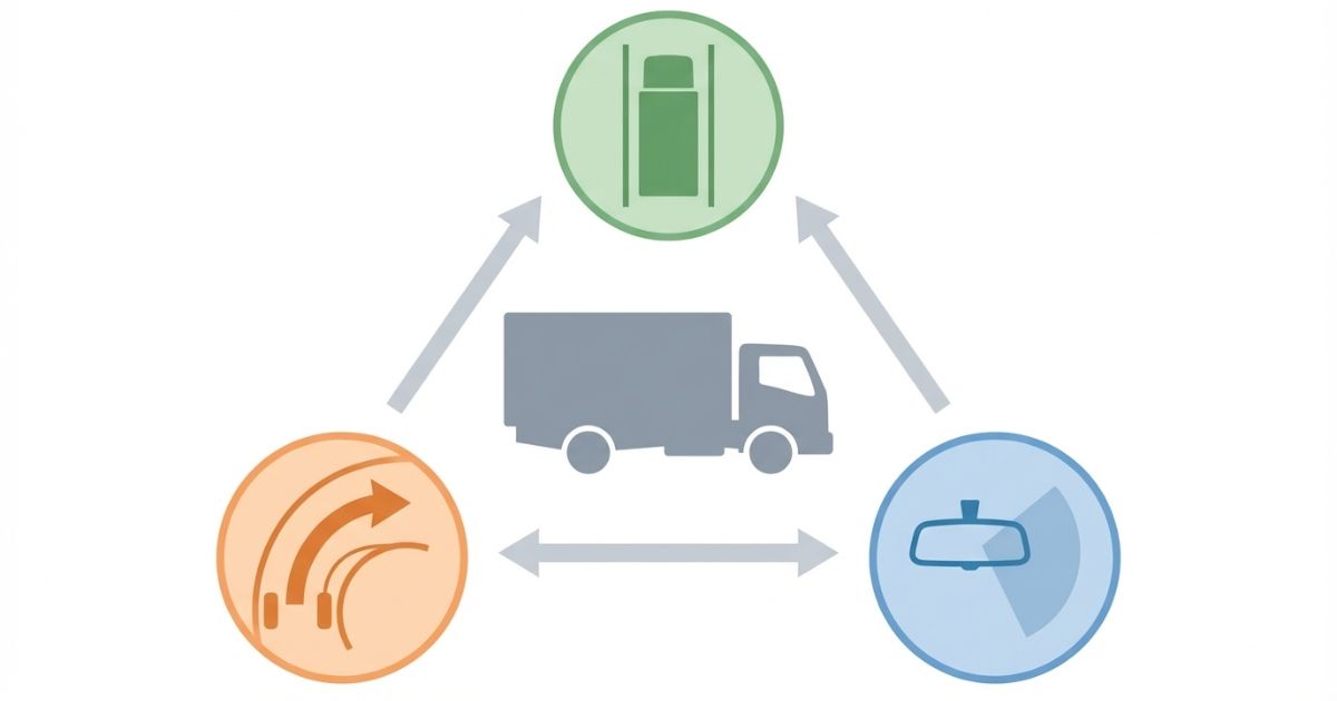 内輪差・死角・車幅感覚の3要素を整理した文字なし図解