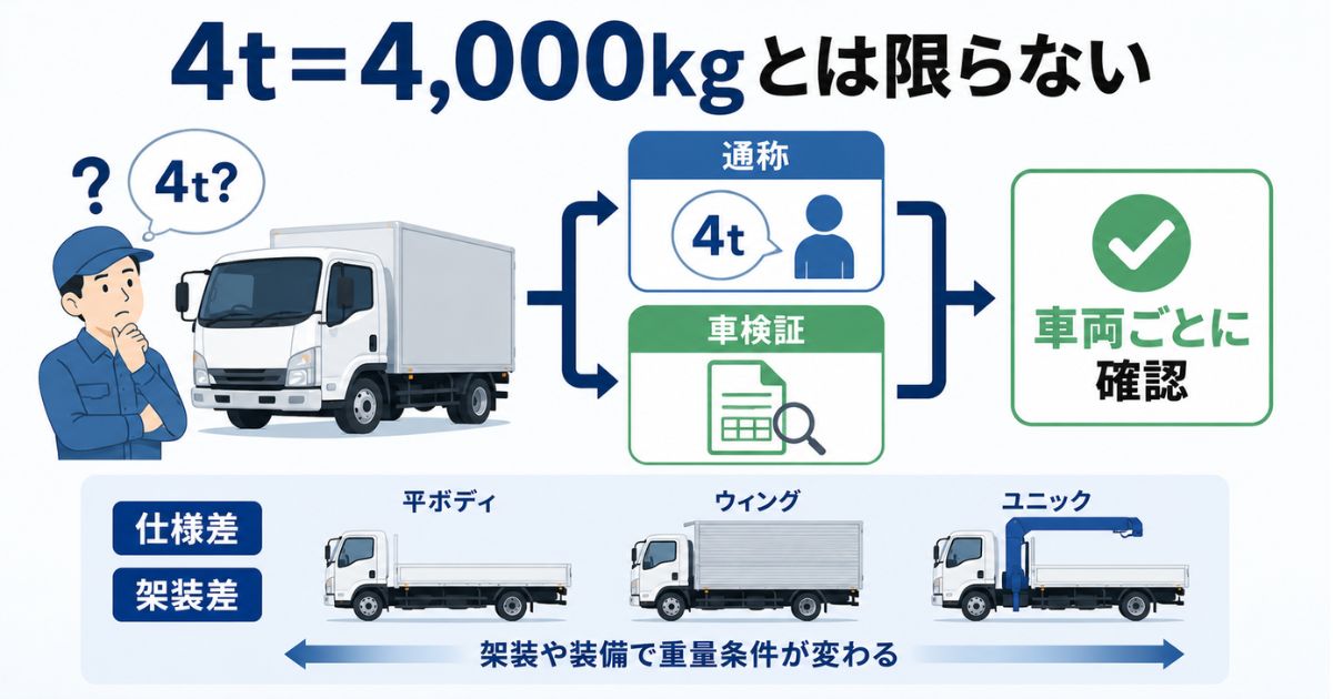 4tトラックは必ず4000kg積めるとは限らず車検証で確認する必要がある図解