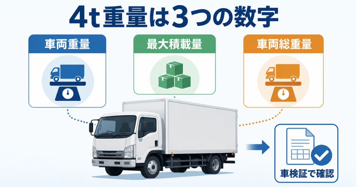 4tトラックの重量を車両重量・最大積載量・車両総重量の3つで確認する図解