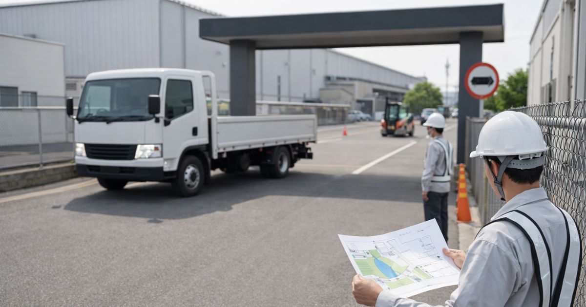 4tトラックの搬入前に道路条件と現場進入条件を確認している現場イメージ