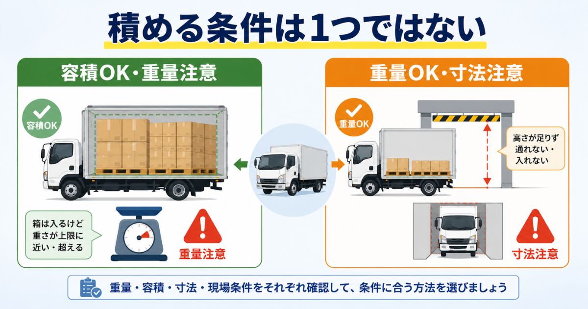 4tトラックで容積と重量と寸法条件を分けて確認する図解