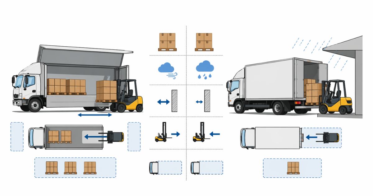 4tウイングと4t箱車の荷役方法と現場条件の違いを比較した図解