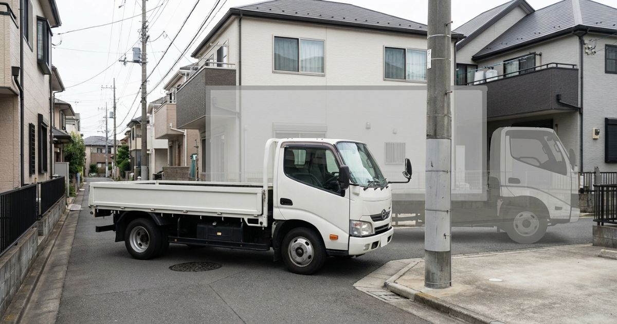 4tトラックの全長差が現場の停止位置や待機可否に影響する様子を示す写真風イメージ