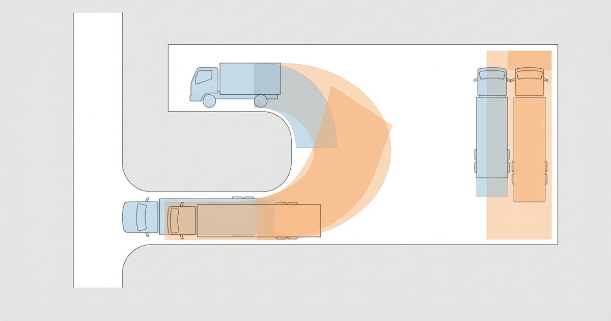 4tトラックの全長を基準に切り返しや待機余地まで含めて成立を判断するレイアウト図