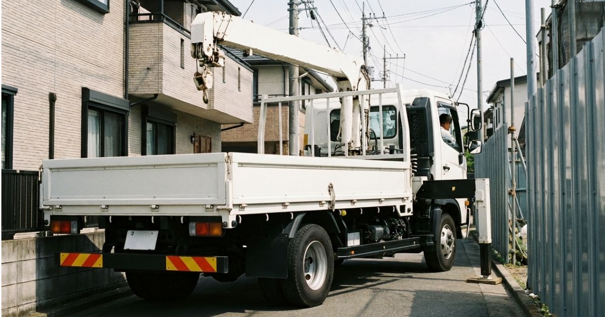 4tユニック車が設置可能な現場スペースで停止しており、小型ユニックと大型ユニックの中間的な運用イメージを示す写真
