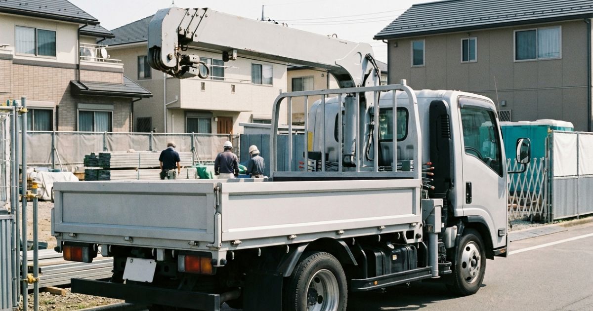 4tユニック車が中型現場で作業待機しており、2t・大型との中間的なバランスをイメージできる構図