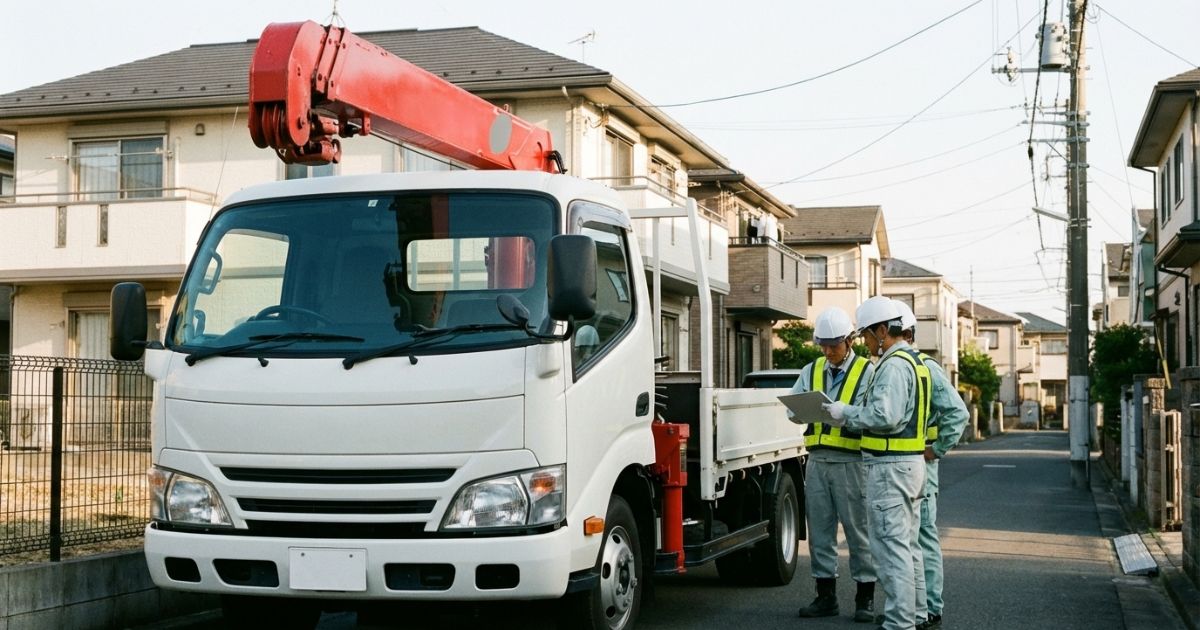 4tユニック車のレンタル見積もりを確認しながら現場で打ち合わせする様子（料金条件の比較イメージ）