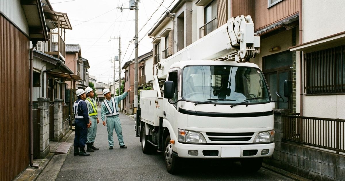 回送や待機など追加費用につながる現場条件を事前確認する4tユニック車の様子