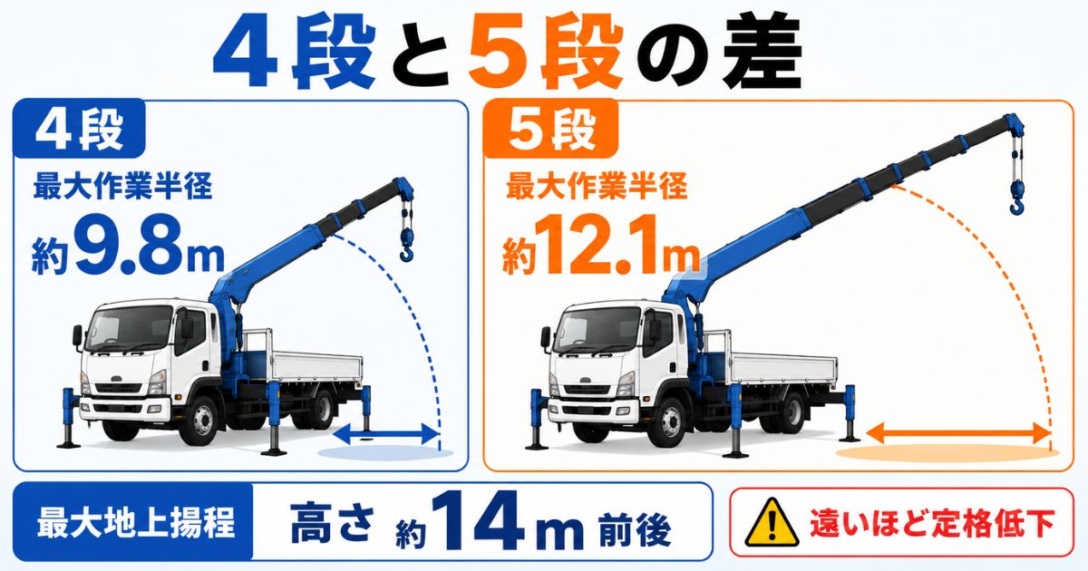 4tユニック4段と5段の最大作業半径と地上揚程の数値比較図解
