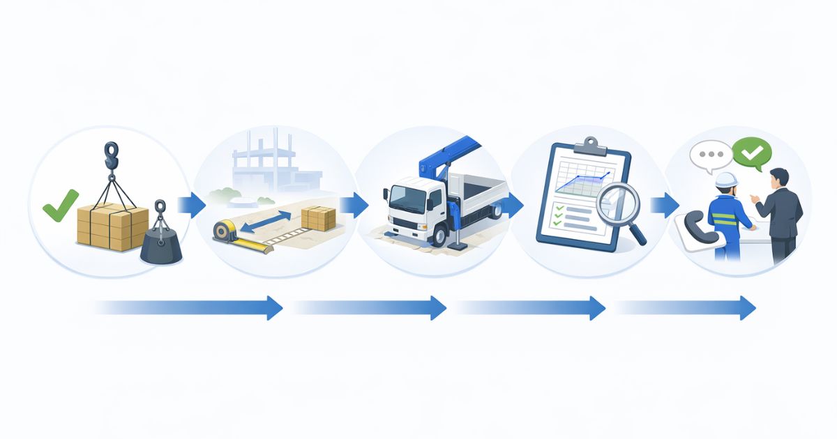 4tユニック5段ブームの手配前確認フローを示す図解